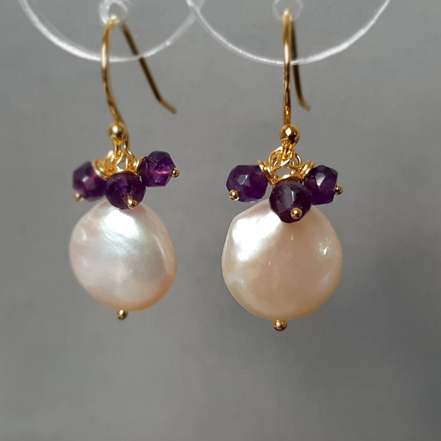 Amethyst pearl drop earrings in gold vermeil silver