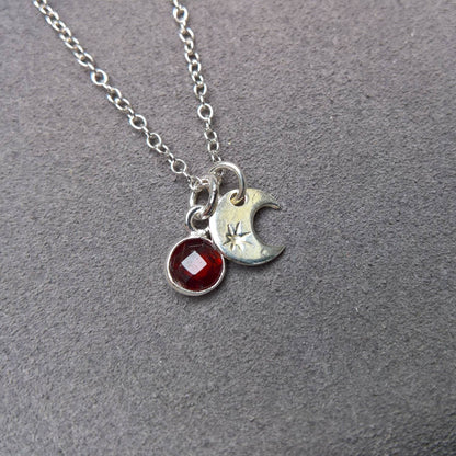 Garnet sterling silver moon charm necklace