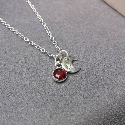 Garnet sterling silver moon charm necklace