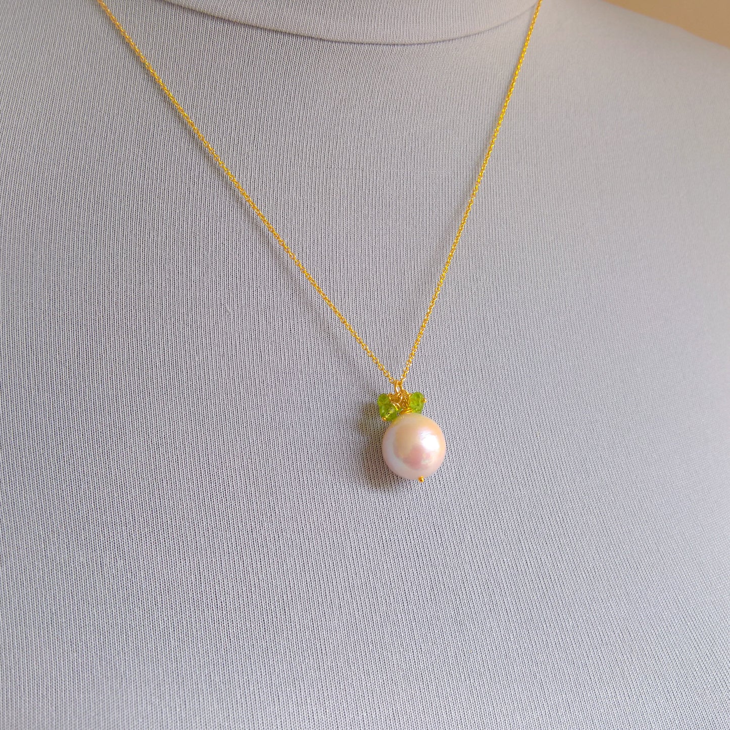 Pearl and peridot gemstone cluster pendant necklace in gold vermeil silver