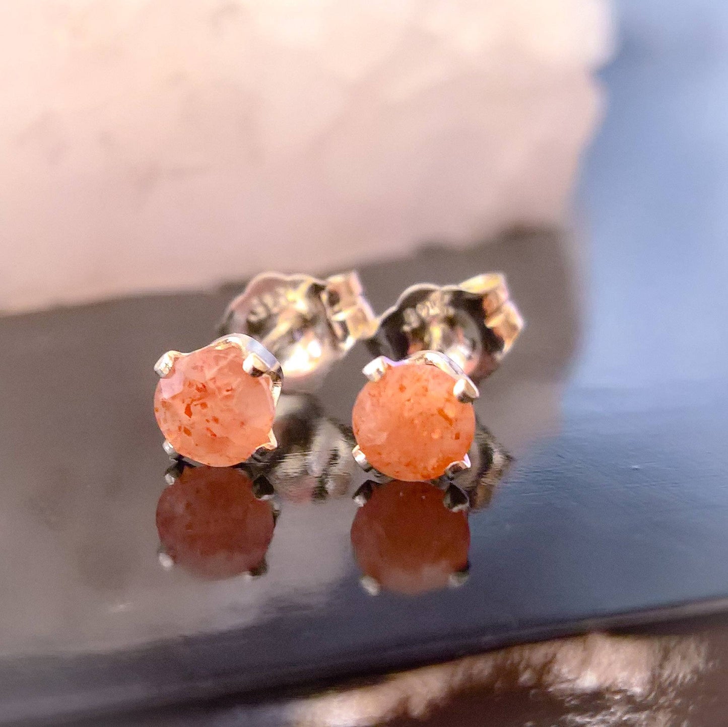 Sunstone gemstone stud earrings in sterling silver or gold filled