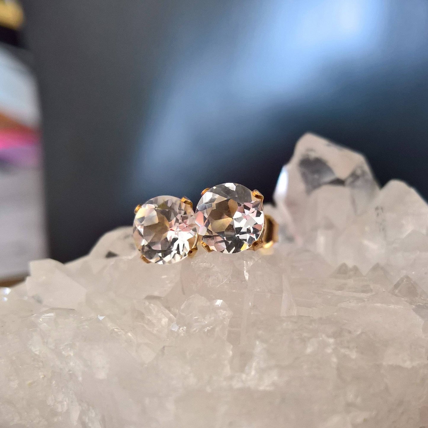 White topaz gemstone stud earrings in gold filled or sterling silver