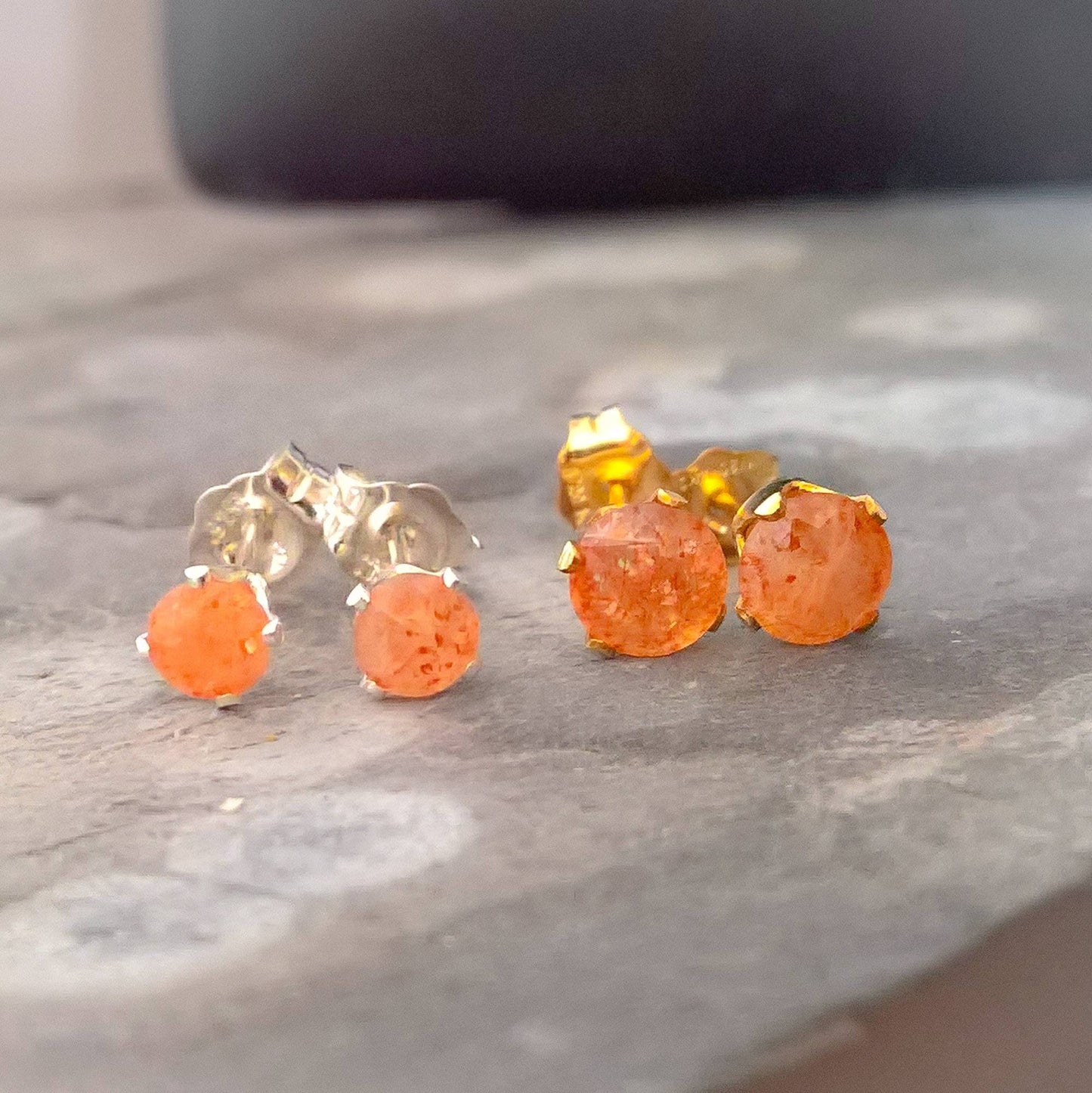 Sunstone gemstone stud earrings in sterling silver or gold filled