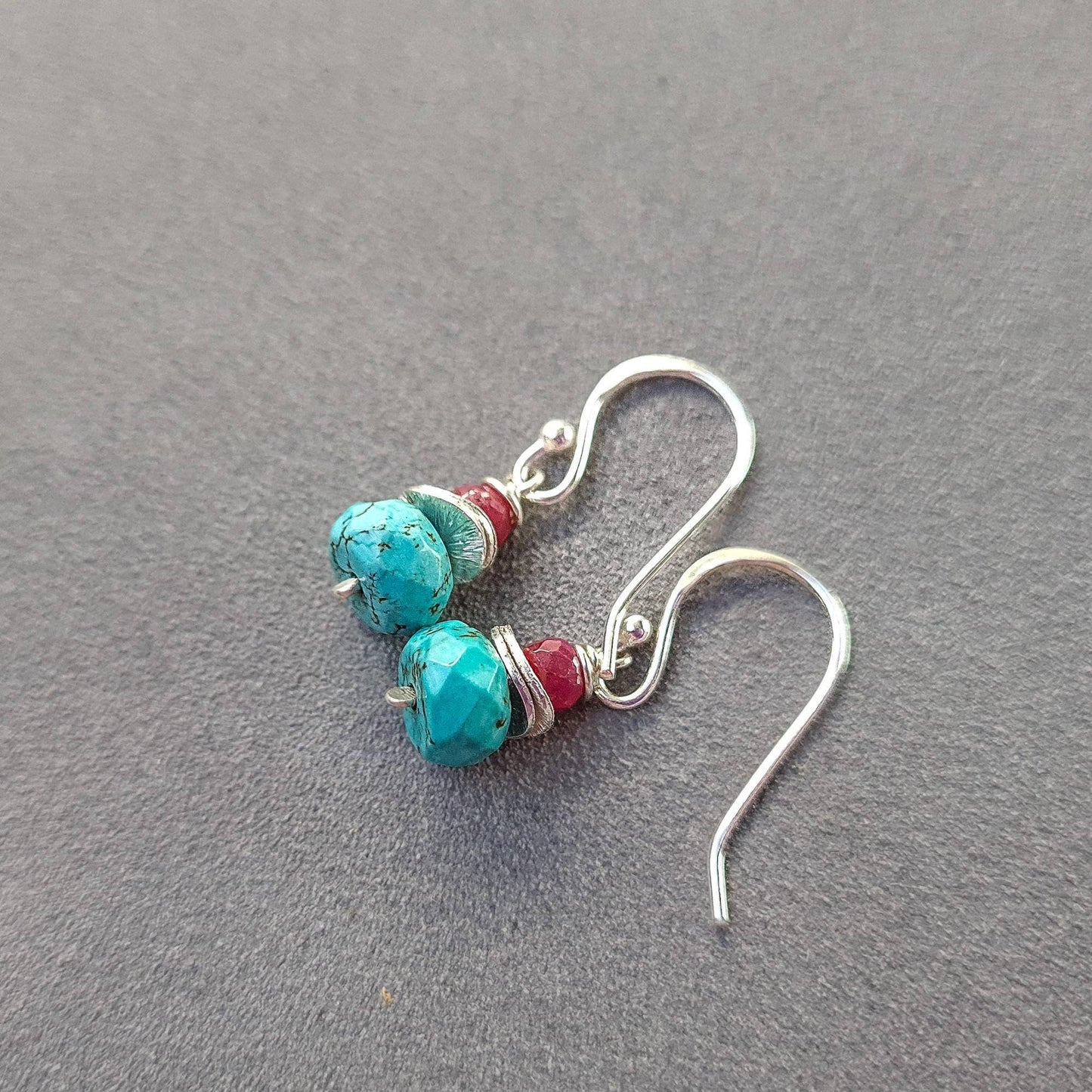 Turquoise and ruby drop earrings in sterling silver