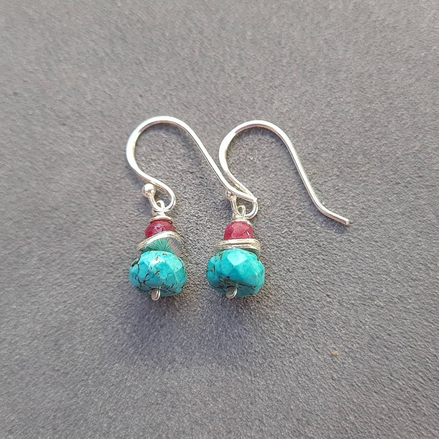 Turquoise and ruby drop earrings in sterling silver