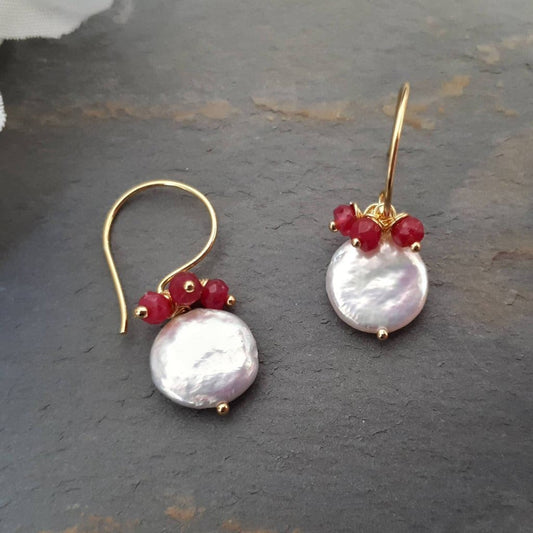 Pearl and ruby drop earrings in gold vermeil