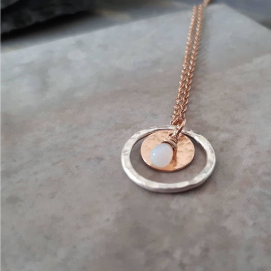 Rose gold and silver circle necklace with opal pendant